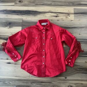 Vtg Adobe Rose Western Shirt‎ L Red Fringe Womens Cowgirl Rodeo Wear Pearl Snaps